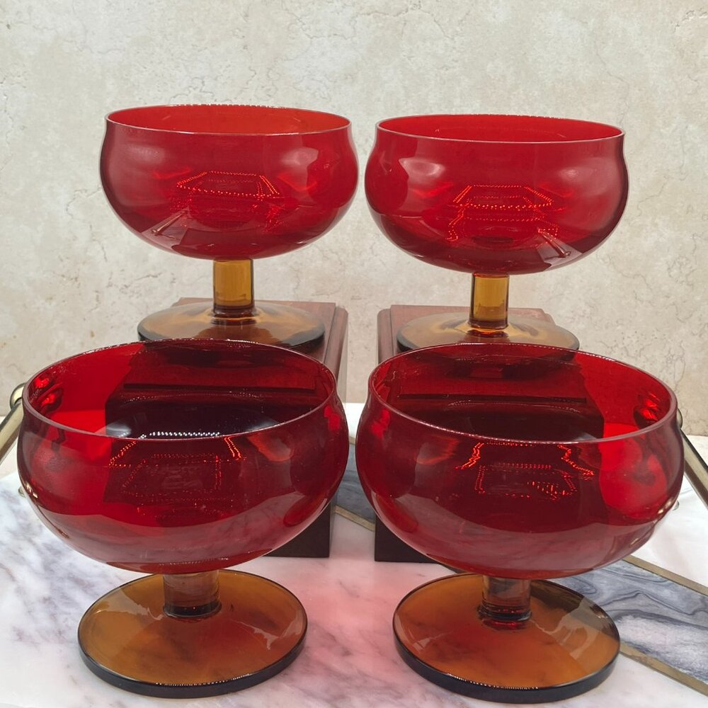 Vintage MCM Block Crystal Ruby And Amber Brandy Glasses With Cadmium Glow 1960's